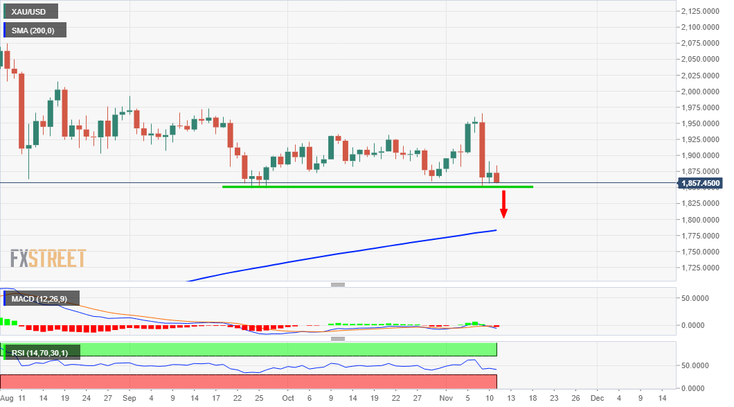 Gold Price Analysis: XAU/USD plummets to lows, fast approaching $1850-48 key support